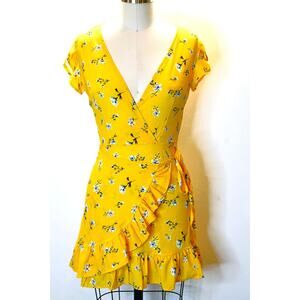 Show Lai Yellow Floral Wrap Dress – Size S – Ruffle Hem, V‑Neck, Tulip Sleeves